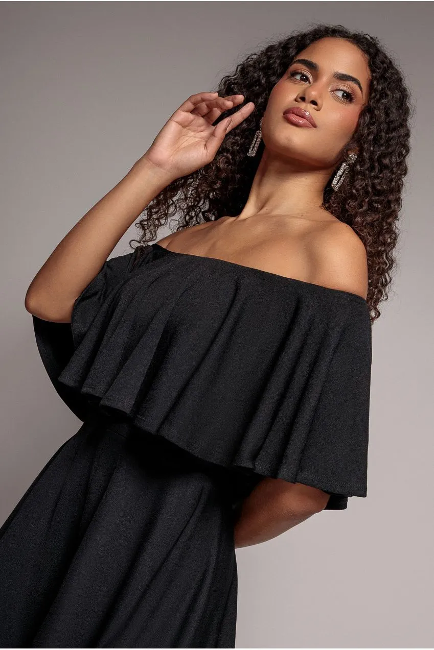 Goddiva Frill Neck tuta corta nera spalle scoperte