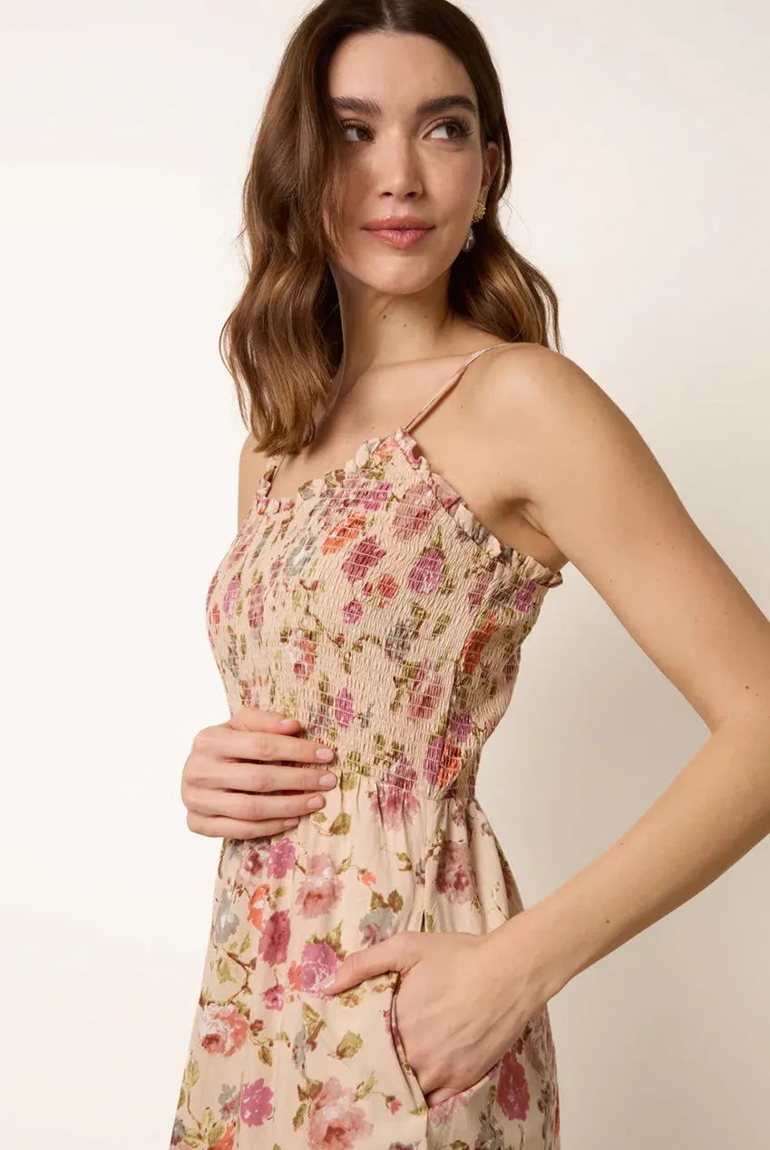 Blue Vanilla Floral Shirred abito midi floreale multi in cotone