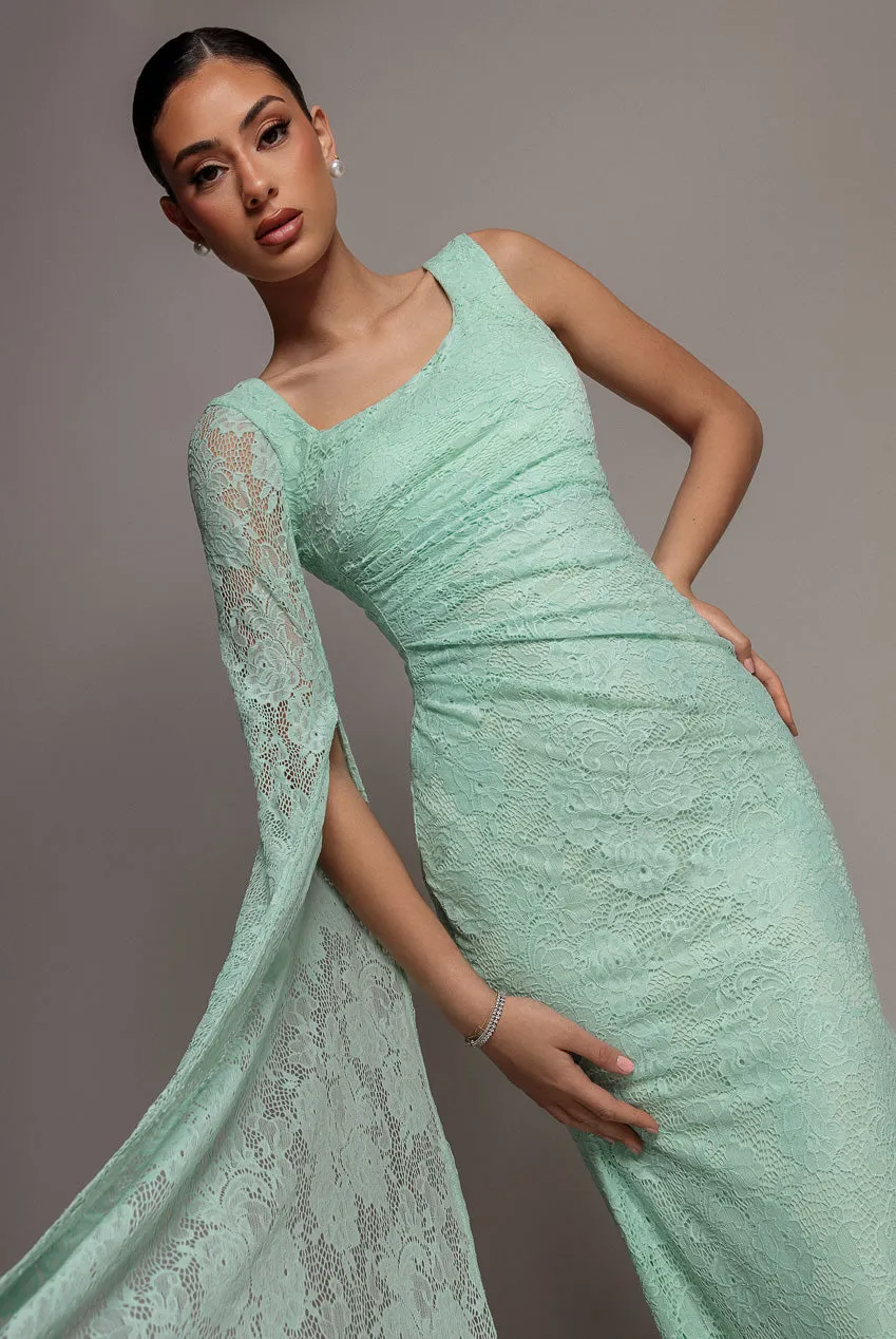 Goddiva One Shoulder Cape abito pizzo verde menta lungo