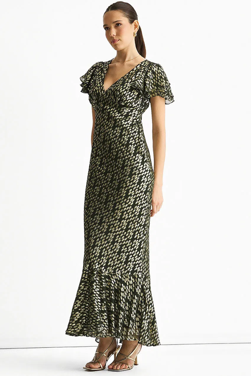 Gini London Gold Jacquard abito verde scuro sbieco oro