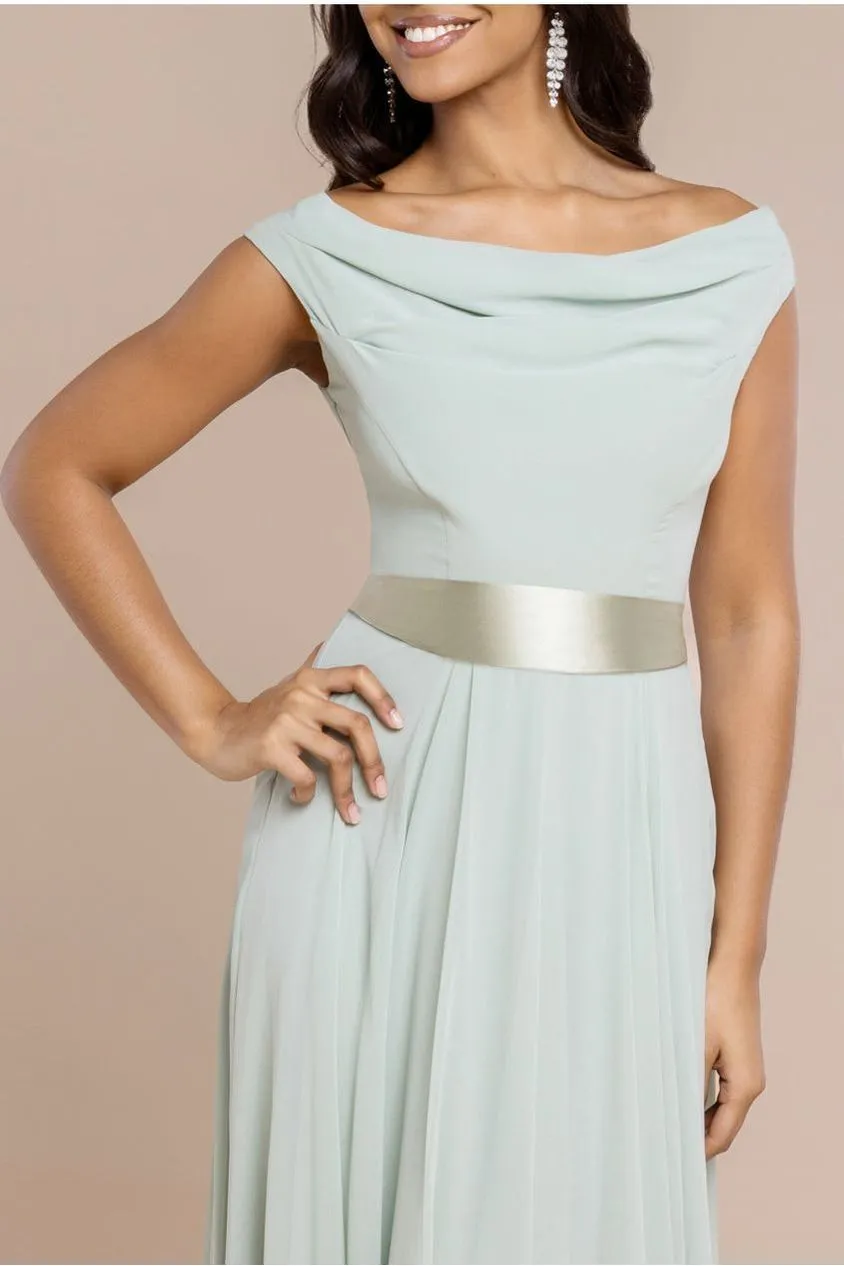 Goddiva Abito Maxi Chiffon Verde Salvia Scollo Arricciato Damigella