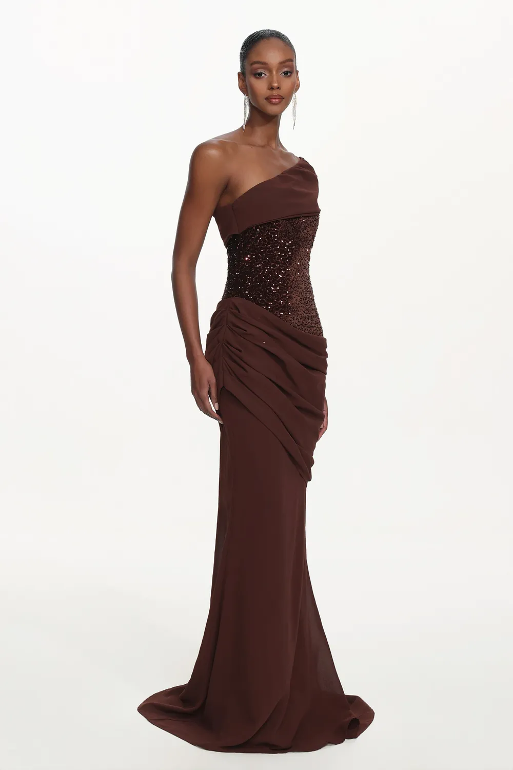 Bella Barnett Naleza abito maxi marrone paillettes