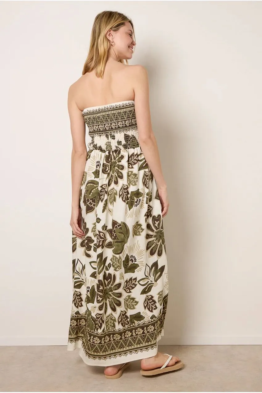 Blue Vanilla Bandeau maxi abito khaki fiori S/M