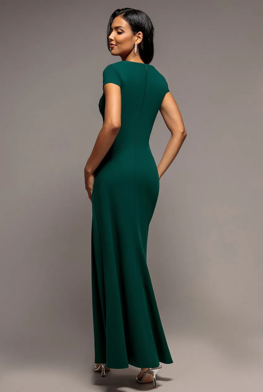 Goddiva Cap Sleeve Pleated abito lungo verde smeraldo scuba