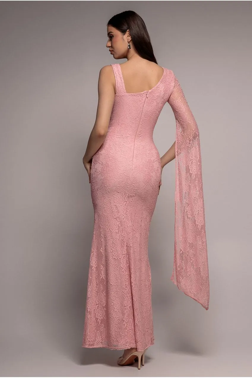 Goddiva Cape abito maxi rosa cipria pizzo monospalla