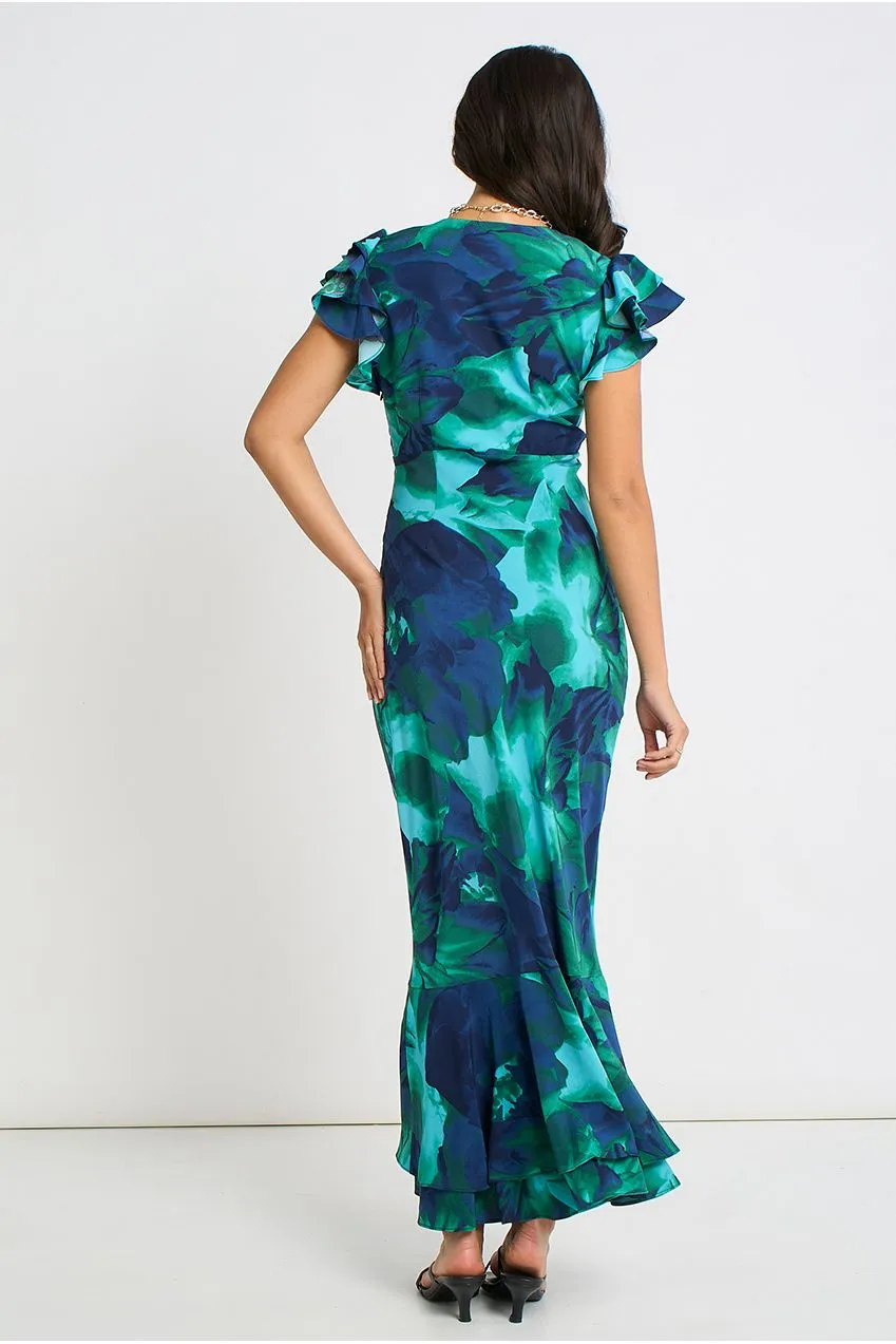 Gini London Watercolour Floral abito maxi verde floreale