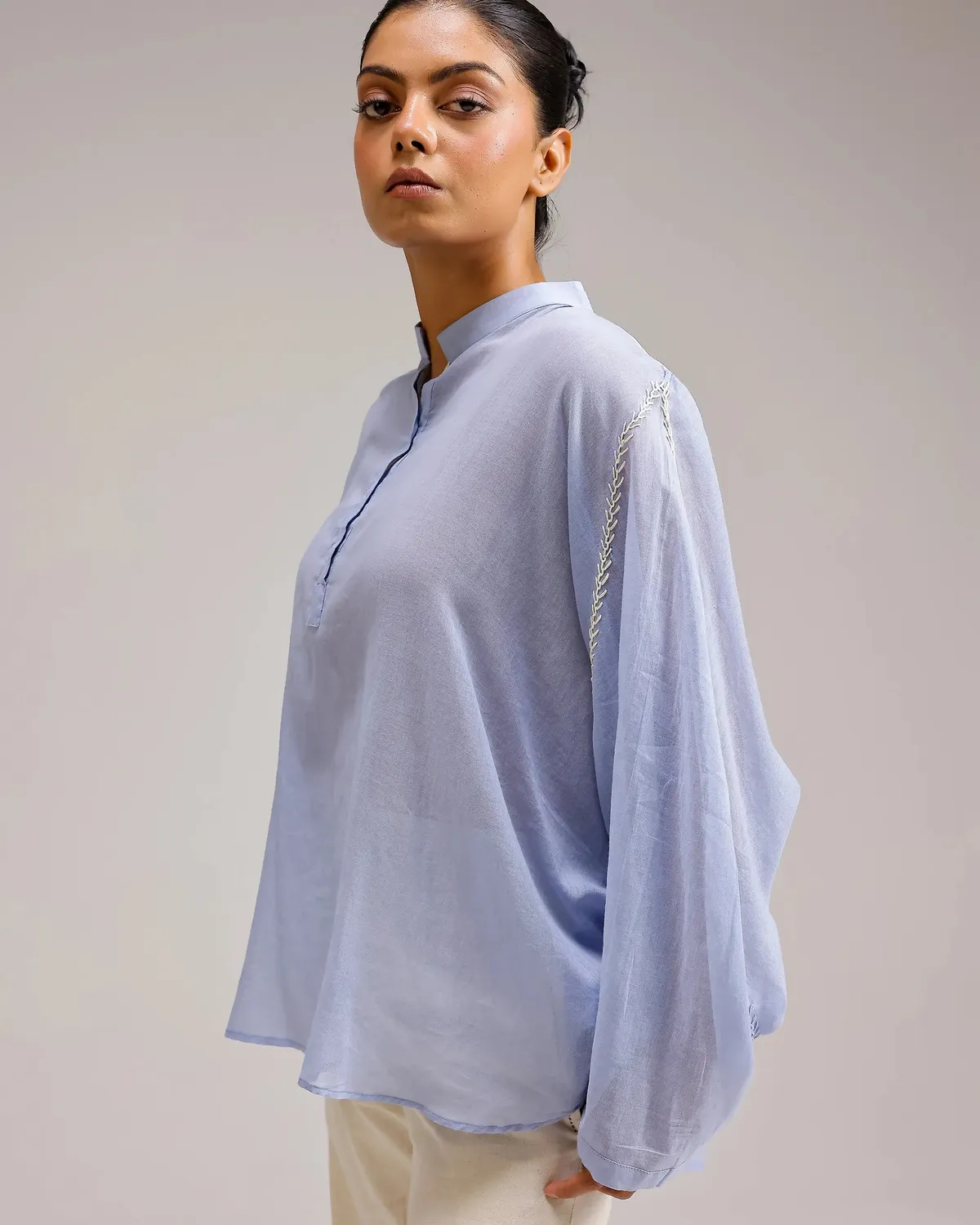 Our Dve Saanjh Soft Chanderi Top Blu Etereo