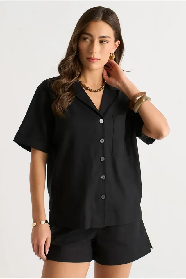 Gini London GL2027B camicia nera oversize in misto lino