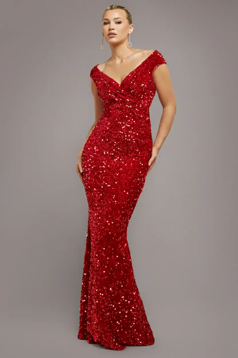 Goddiva Multi Sequin Velvet Bardot abito maxi rosso aderente