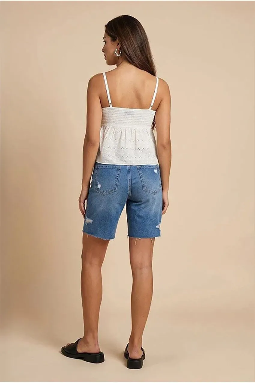 Urban Bliss Shirred Broderie Top crop crema sangallo