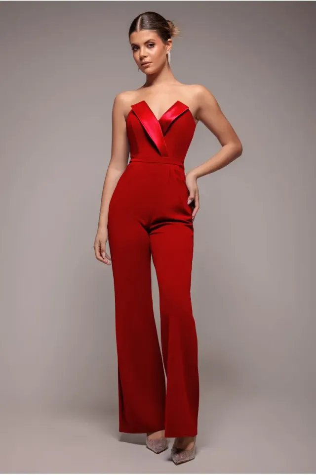 Goddiva Satin Collar Scuba tuta rossa collo raso