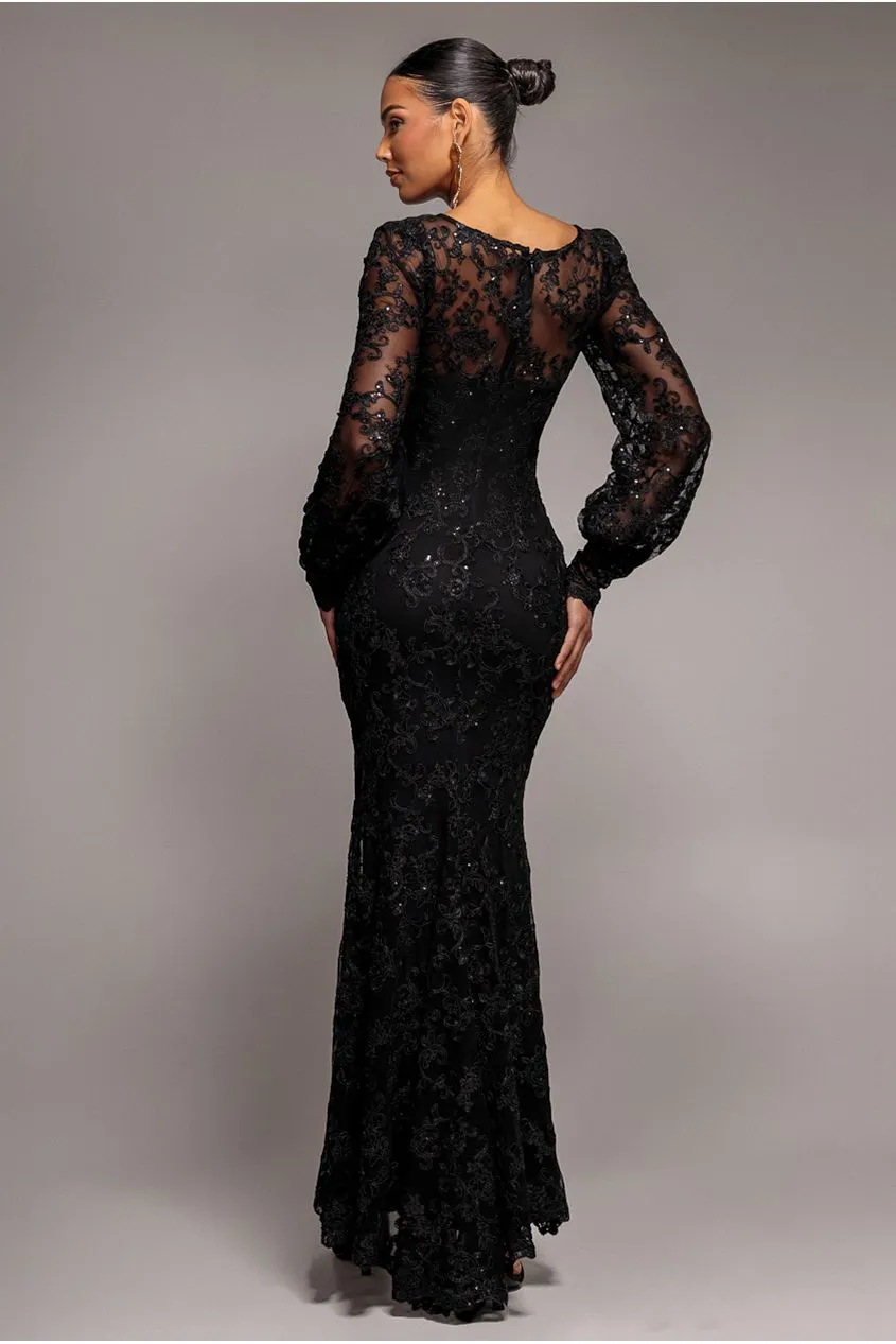 Goddiva abito maxi nero pizzo ricamato scollo a V