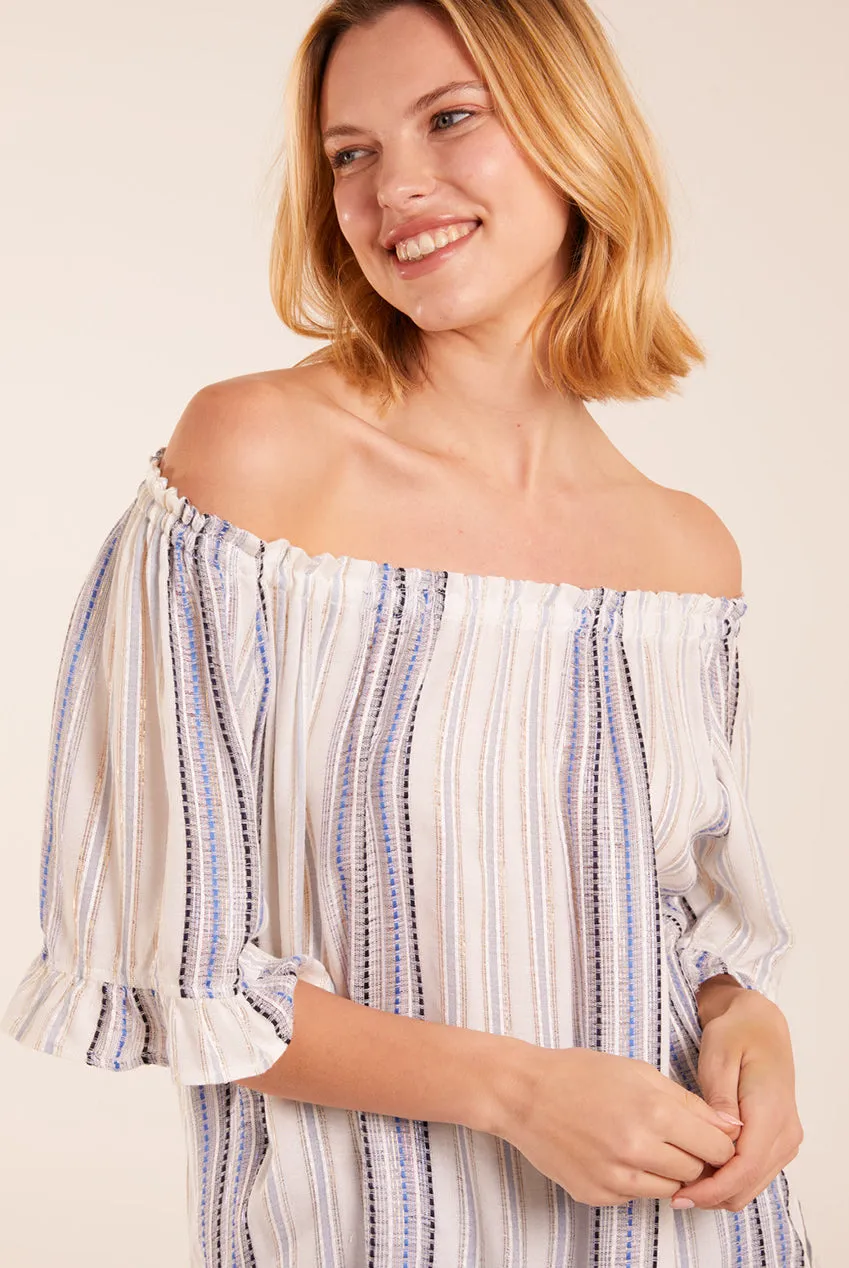 Blue Vanilla Metallic Strip Top Bardot Blu a Righe Elasticizzato