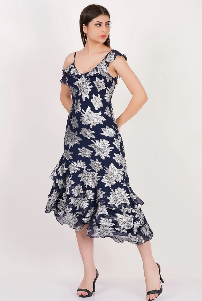 Gini London Floral Abito Midi Blu Navy Fiori Volant
