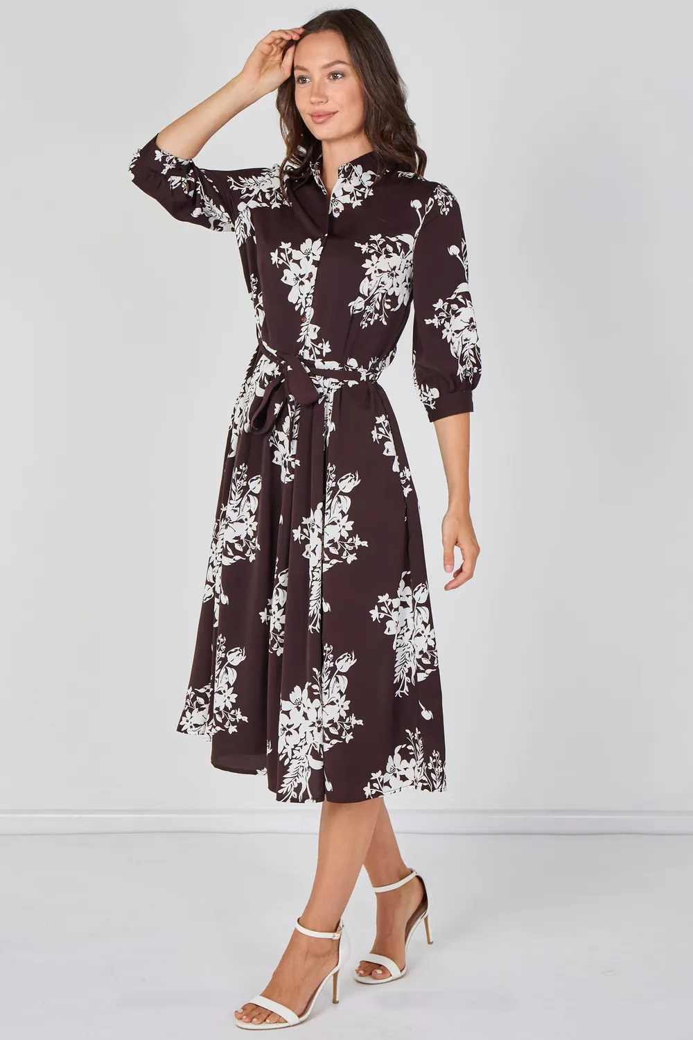 LOVE SUNSHINE Bouquet abito camicia midi marrone fiori