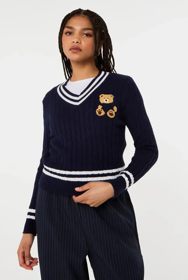 Pink Vanilla Teddy maglione blu navy scollo V trecce S/M