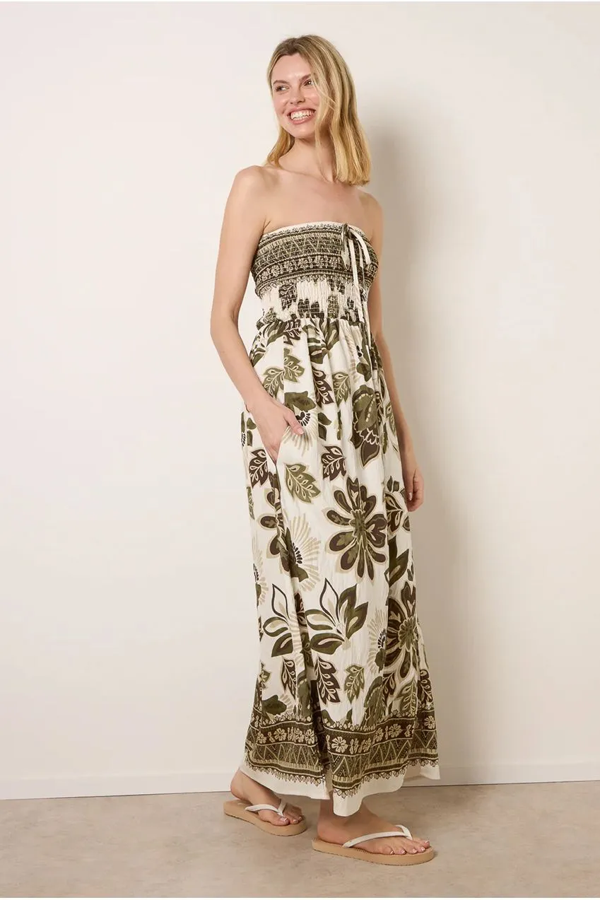 Blue Vanilla Bandeau maxi abito khaki fiori S/M