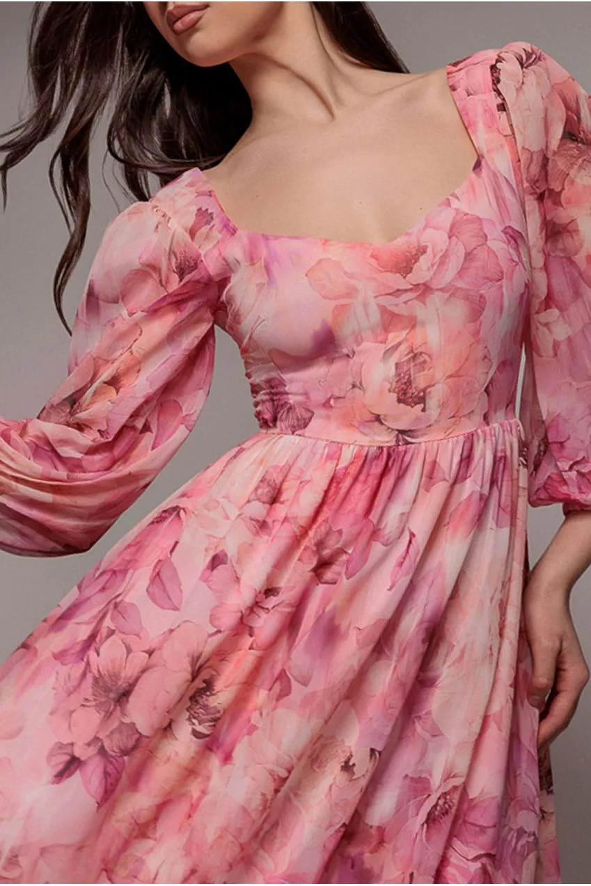 Goddiva DR5131 abito lungo rosa cipria floreale chiffon