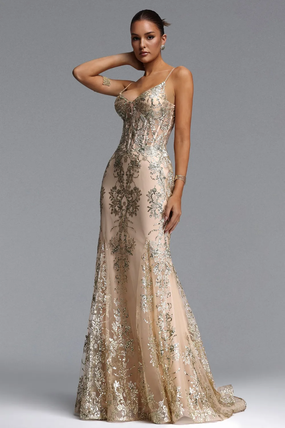 Bella Barnett Miriam abito maxi paillettes beige corsetto