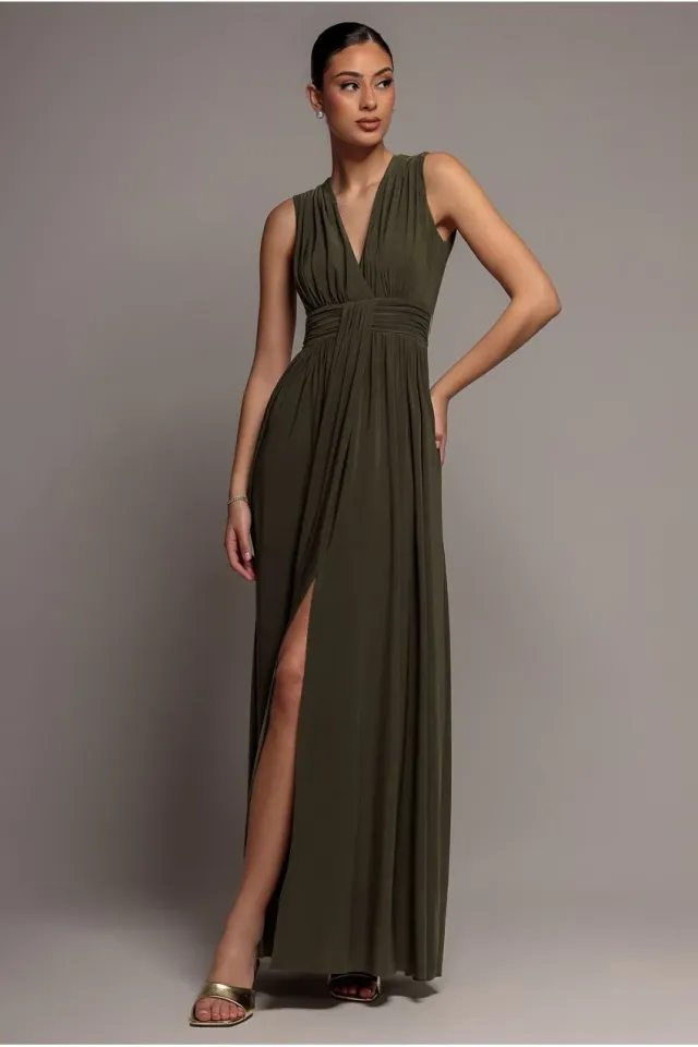 Goddiva Gathered Shoulder Wrap Neck Abito Maxi Kaki