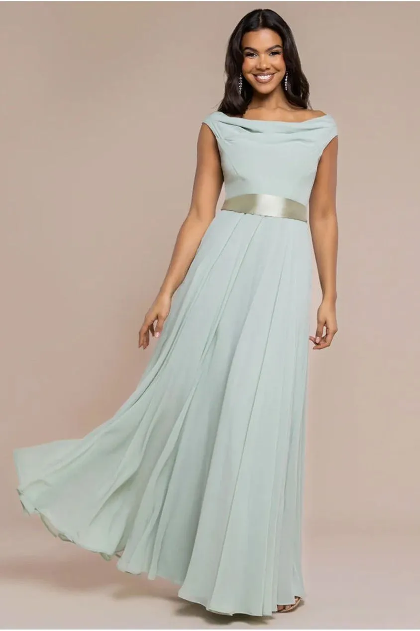 Goddiva Abito Maxi Chiffon Verde Salvia Scollo Arricciato Damigella