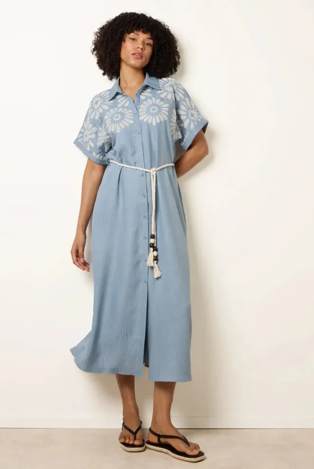 Blue Vanilla Floral vestito camicia midi blu ricamo traforato