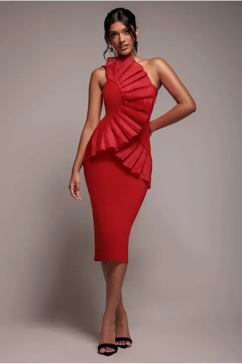 Goddiva Fan One Shoulder abito midi rosso plissettato