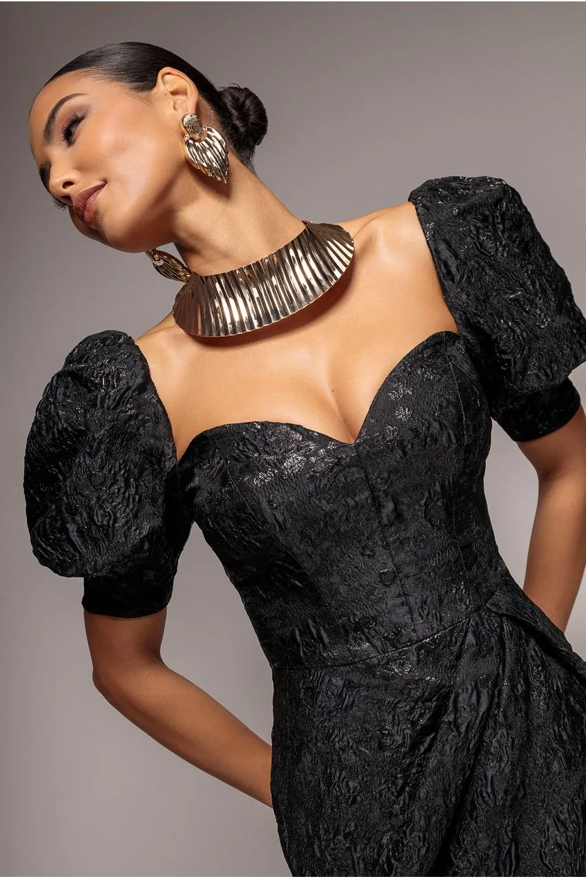 Goddiva Puff Sleeve Sweetheart abito midi nero jacquard
