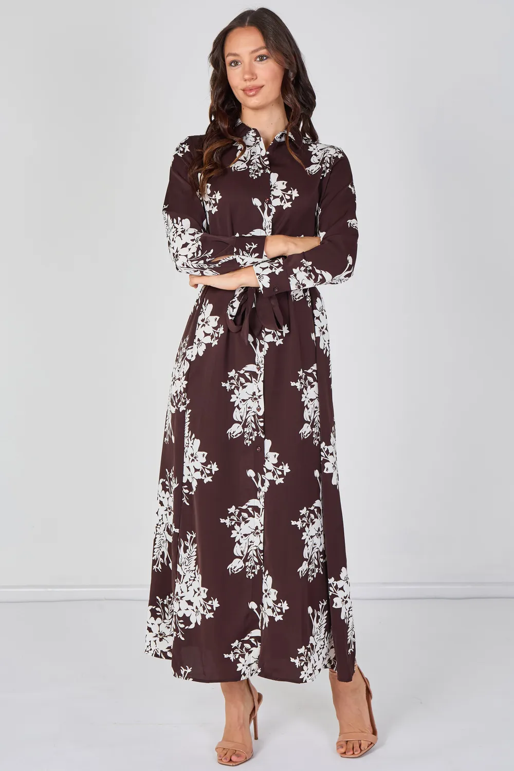 Love Sunshine Floral abito camicia marrone maxi