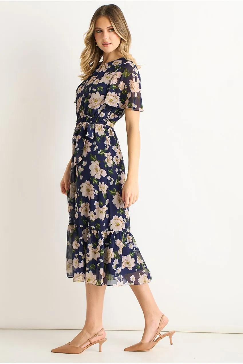 Gini London abito midi floreale navy svasato