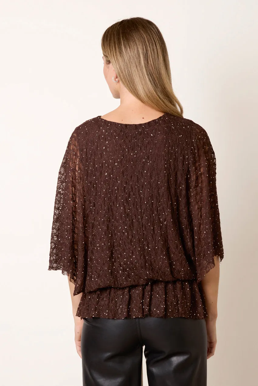 Blue Vanilla Lace Rhinestone Batwing top pizzo cioccolato strass