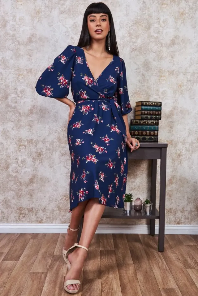 Goddiva DR3299 Wrap Floral abito midi navy 12