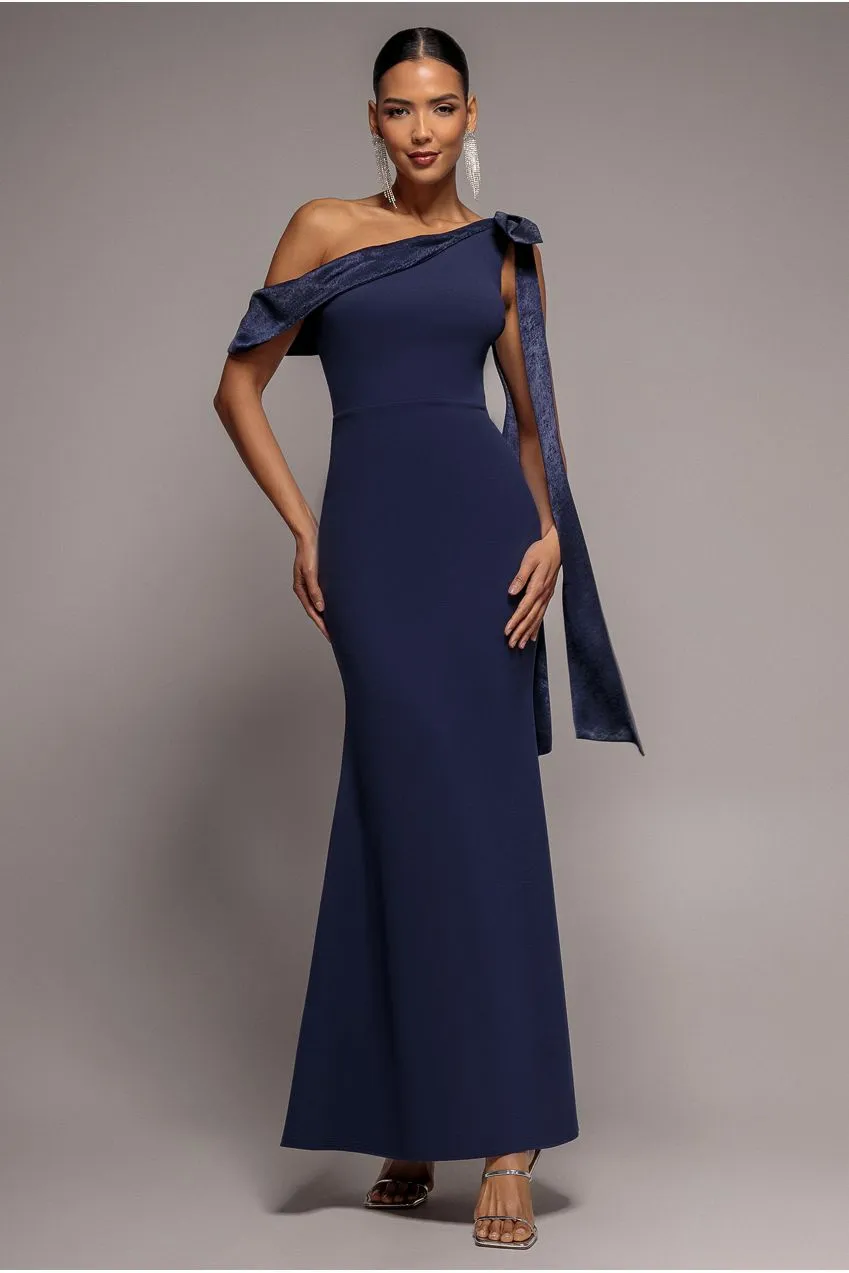 Goddiva One Shoulder abito lungo satin blu notte fiocco