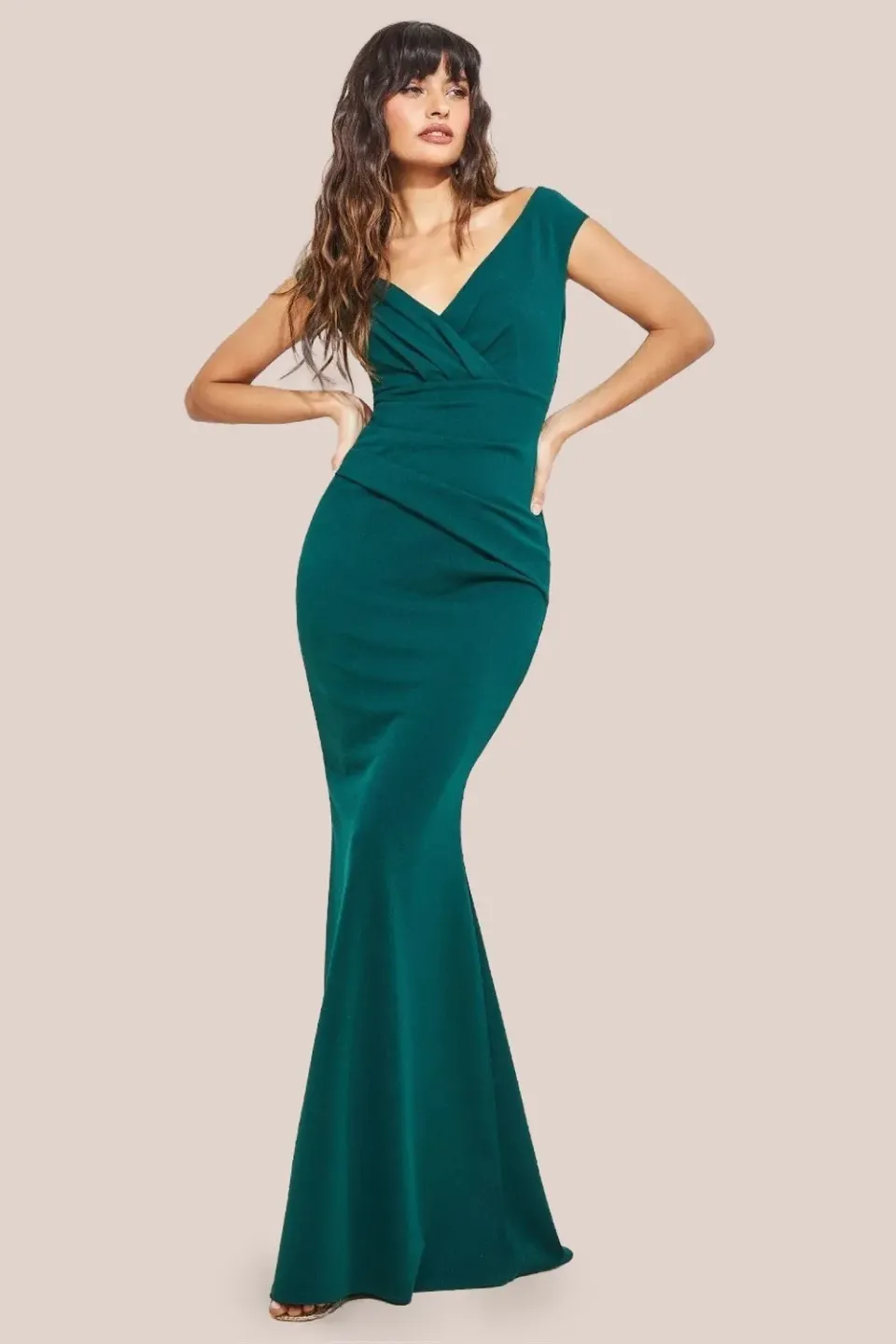 Goddiva Bardot Abito Maxi Plissettato Verde Smeraldo
