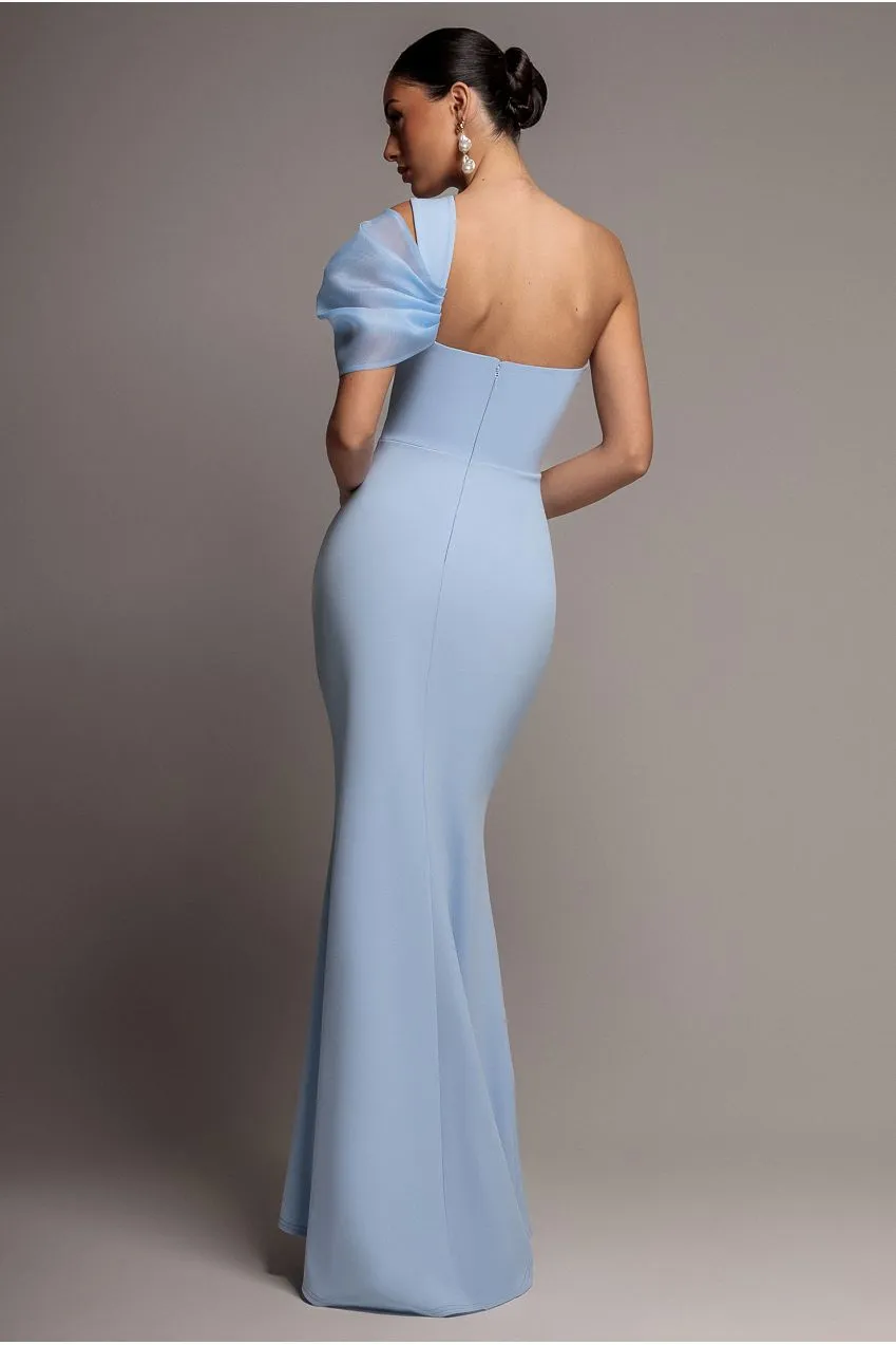 Goddiva Organza Bow abito maxi azzurro monospalla