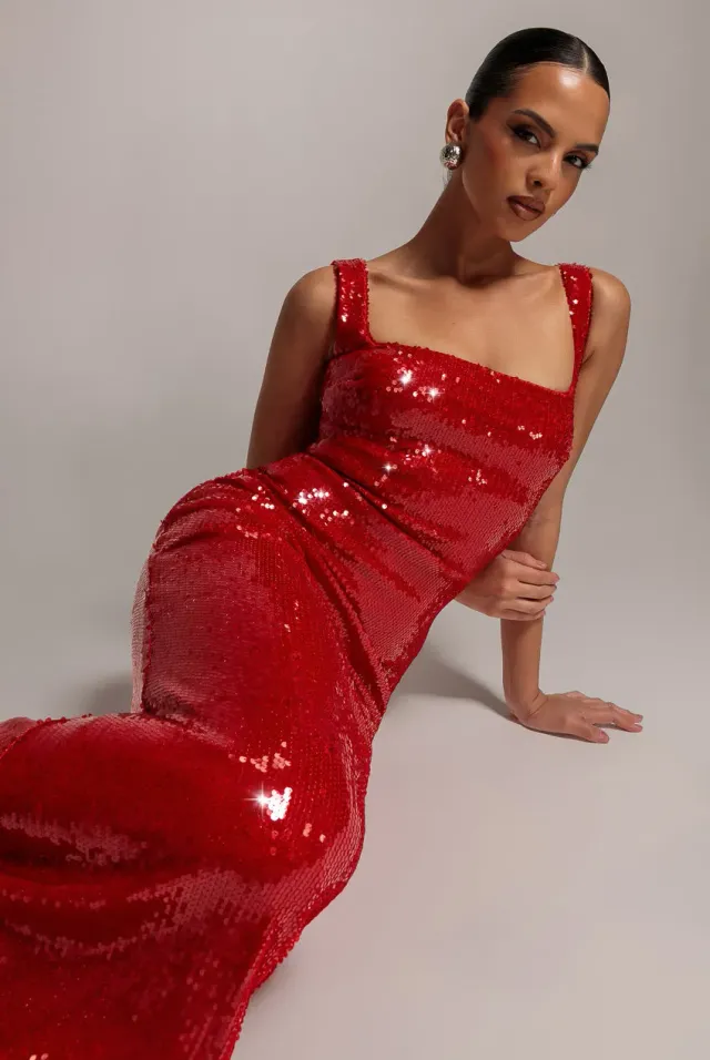 Goddiva Sequin Mermaid abito rosso 10 paillettes maxi