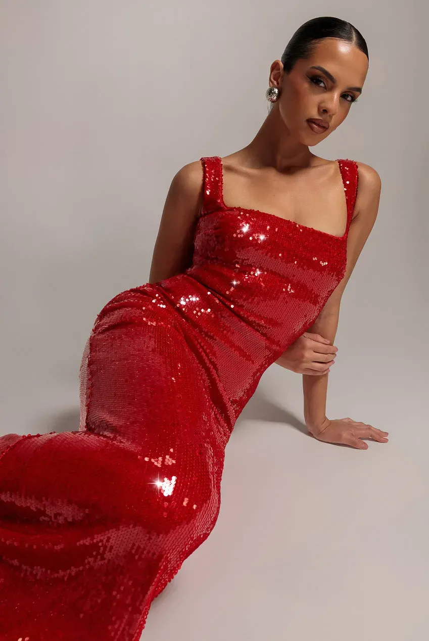 Goddiva Sequin Mermaid abito rosso 10 paillettes maxi