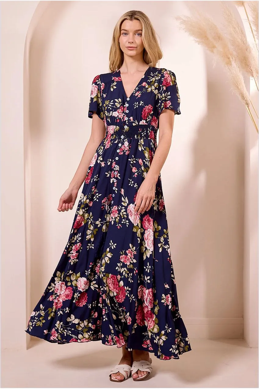 Angeleye Ruched Waist abito maxi navy fiori leggero