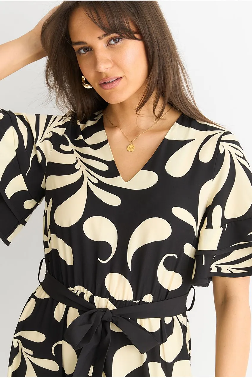 Gini London Floral V Neck abito midi nero floreale