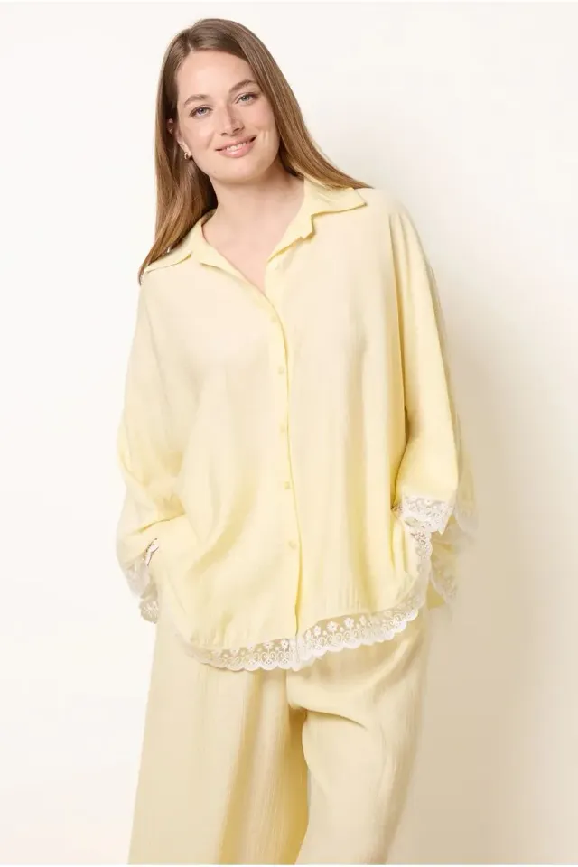Blue Vanilla camicia oversize lemon pizzo crinkle