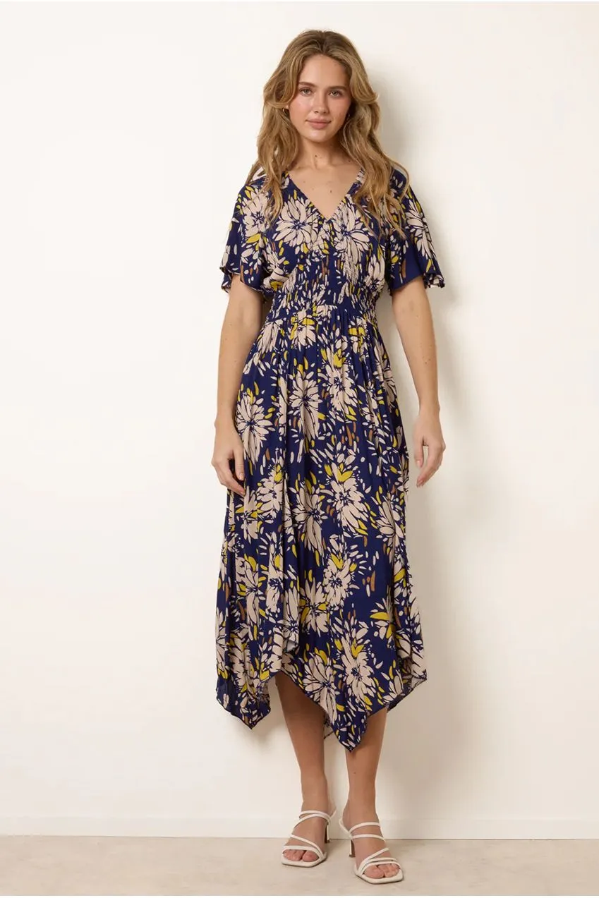 Blue Vanilla Shirred Waist Hanky Hem abito limone floreale