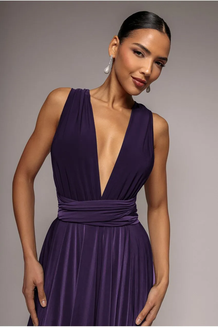 Goddiva Soft Touch abito midi melanzana multispalla