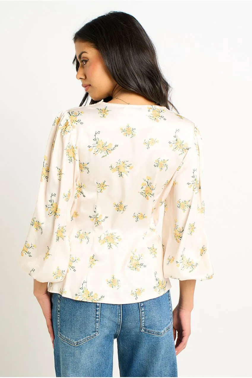 Gini London camicia satin pizzo crema floreale manica lunga