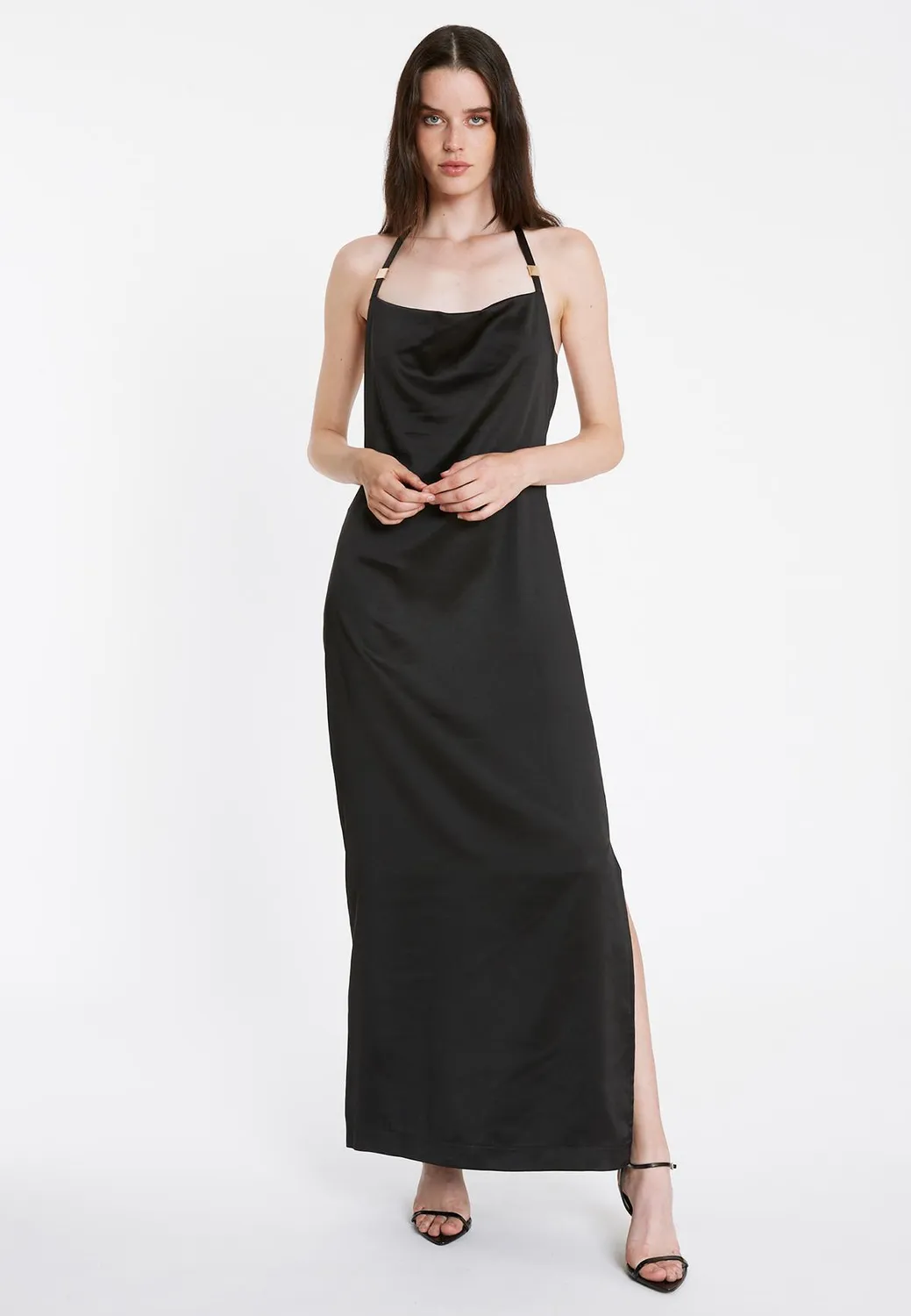 Ana Alcazar Paha abito lungo raso nero scollo halter