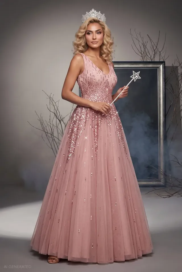 Goddiva Glinda abito maxi paillettes rosa blush