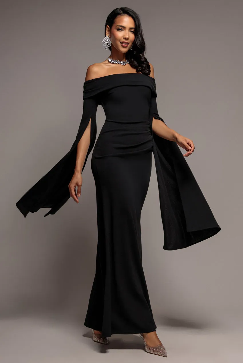Goddiva Bardot Split Cape abito maxi nero spalle scoperte
