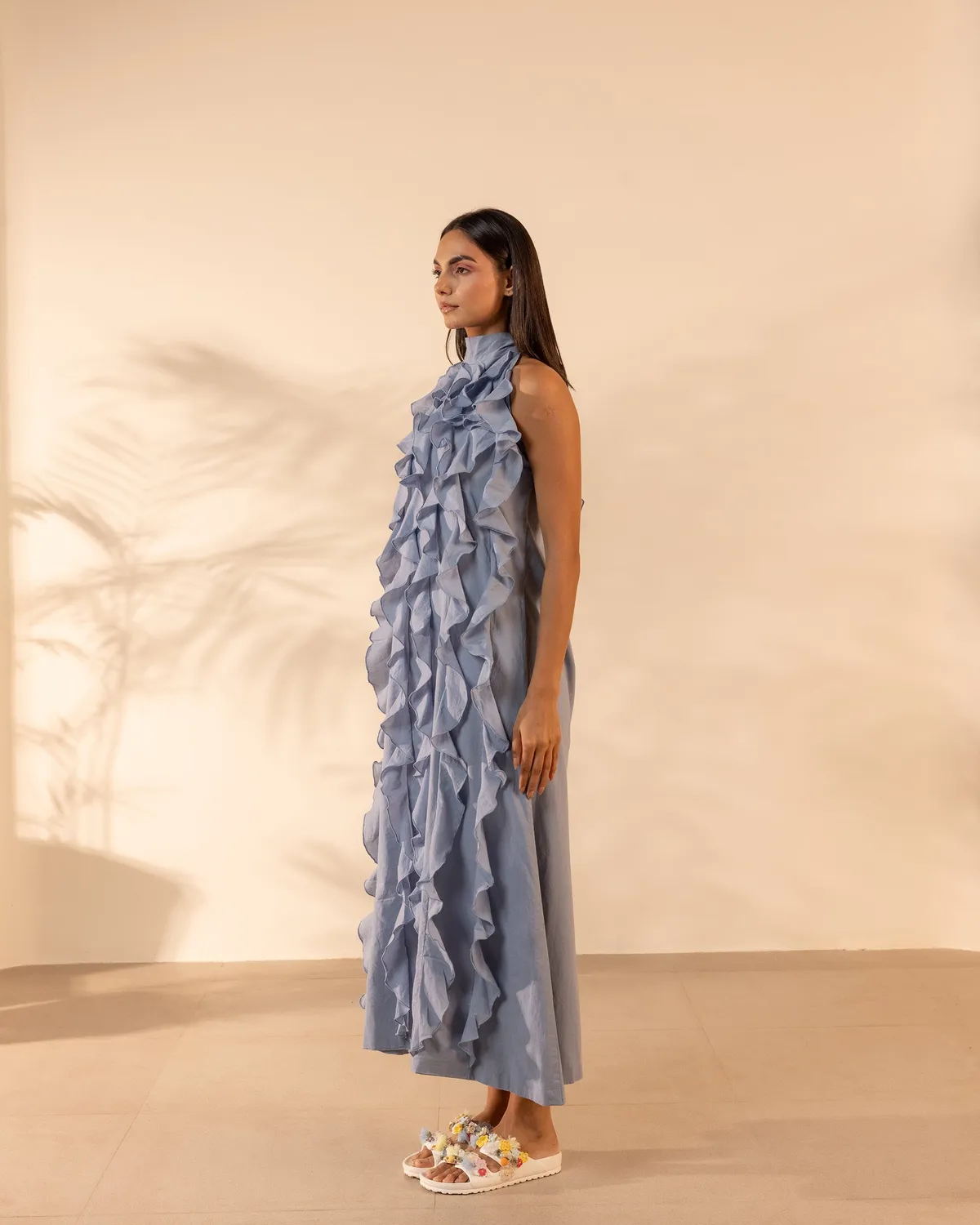 Our Dve Tangerine Sunny Side vestito azzurro balze cotone