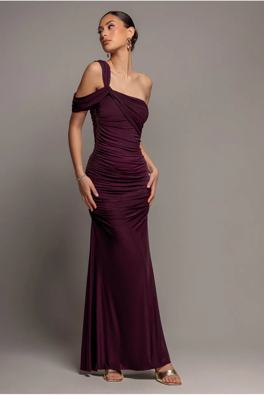 Goddiva One Shoulder abito maxi bordeaux twist DR5351