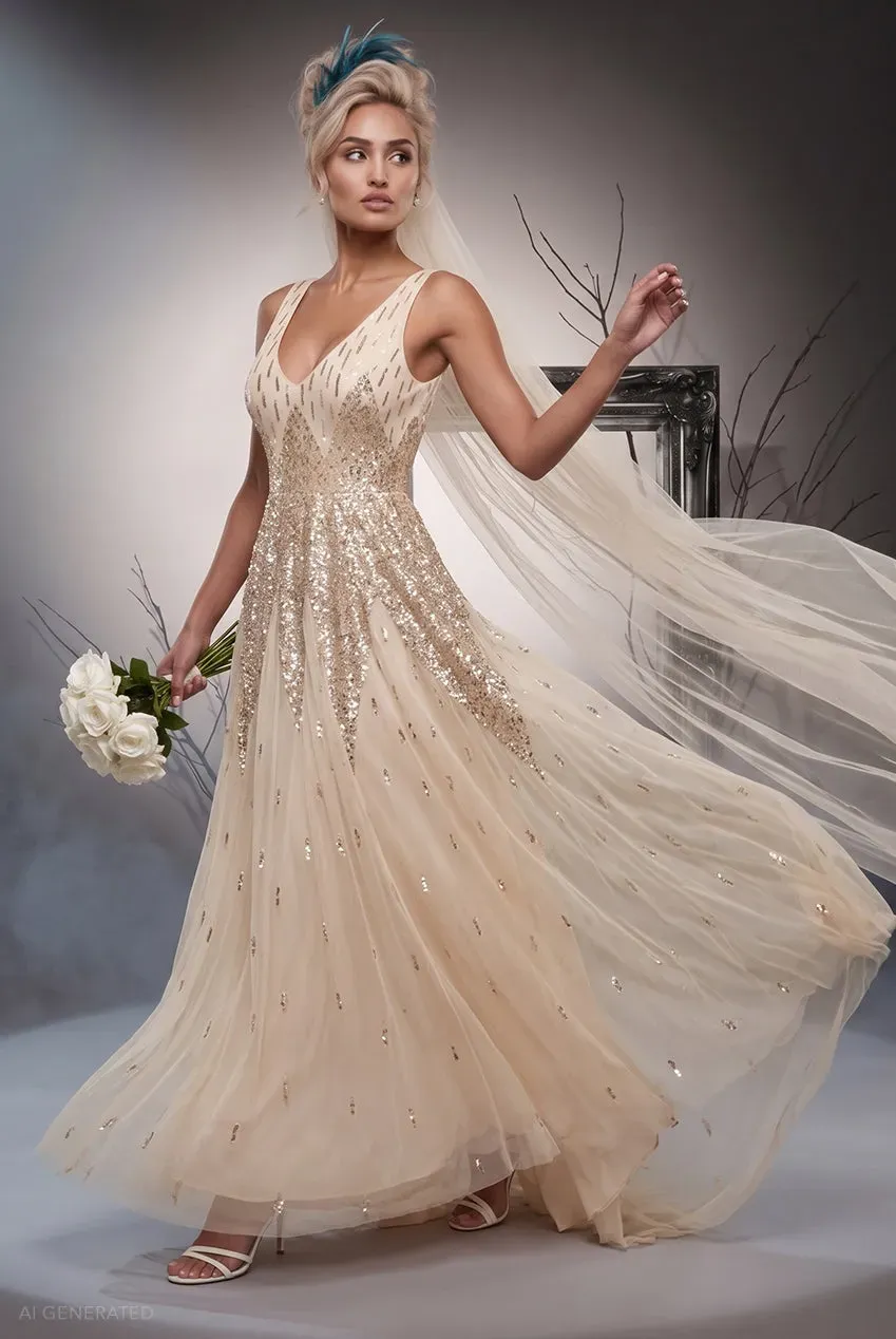 Goddiva Jilted Bride abito lungo avorio paillettes
