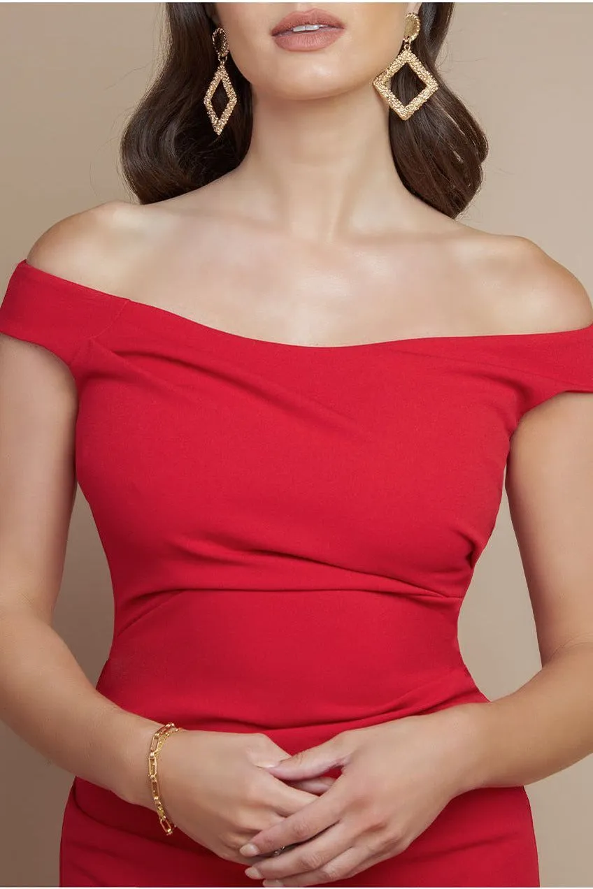 Goddiva DR3339 abito lungo scuba rosso spalle scoperte
